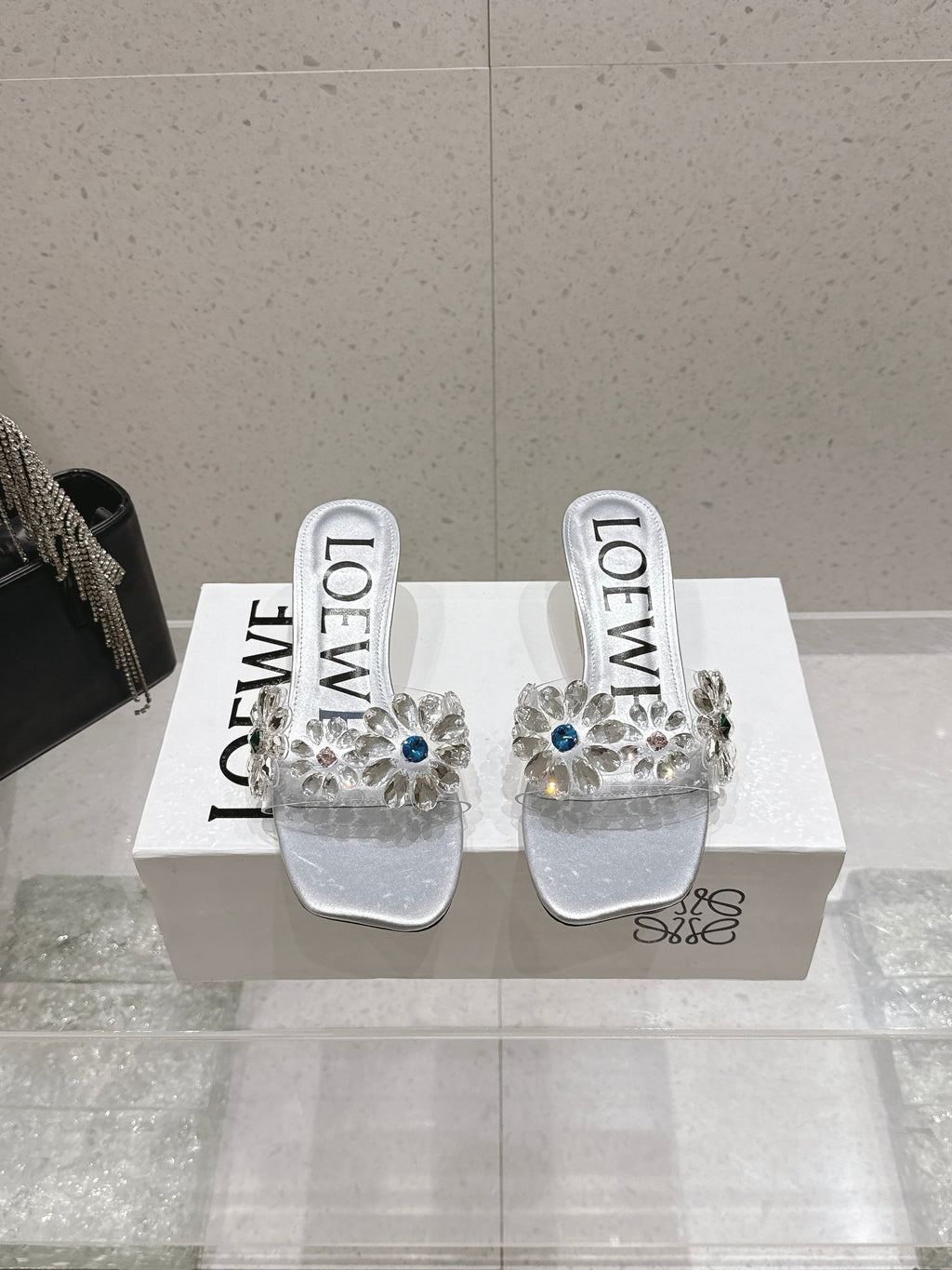 LOEWE 26S MULE HEELS 45MM IN SILVER PVC WITH CRYSTAL FLORAL
