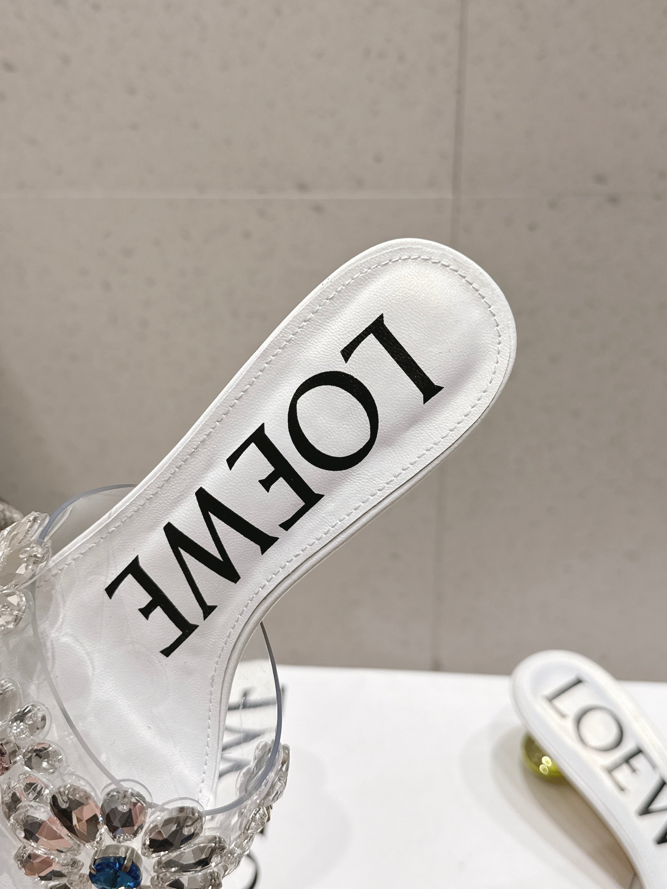 LOEWE 26S MULE HEELS 45MM IN WHITE PVC WITH CRYSTAL FLORAL