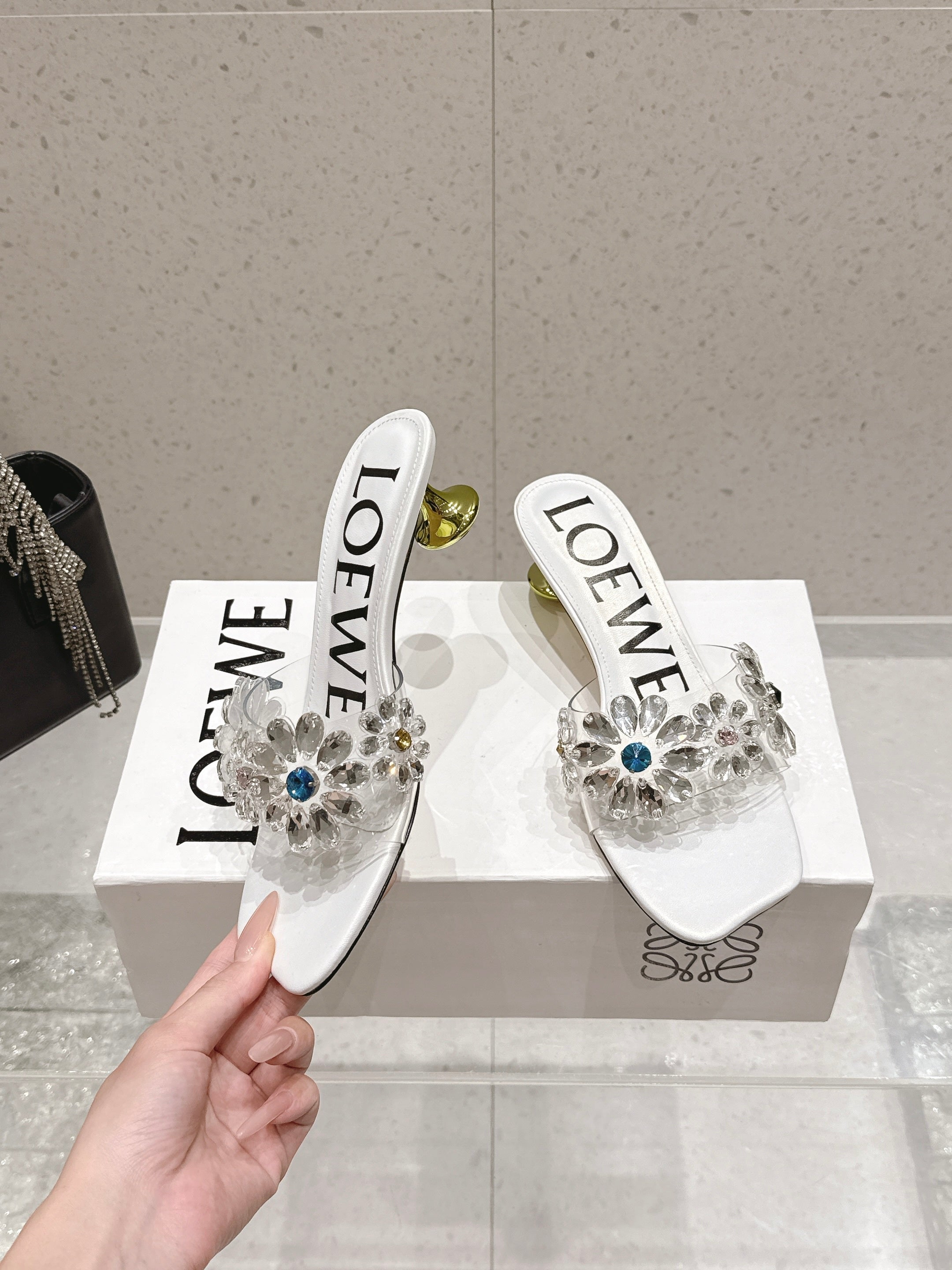 LOEWE 26S MULE HEELS 45MM IN WHITE PVC WITH CRYSTAL FLORAL
