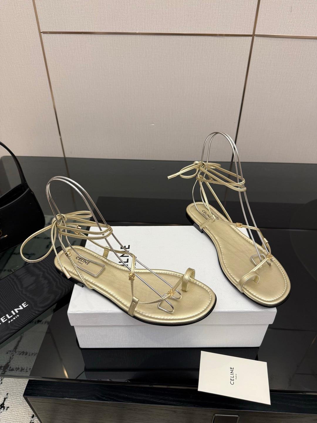 CELINE 26S TRIOMPHE LACE UP FLAT SANDALS IN GOLD CALFSKIN