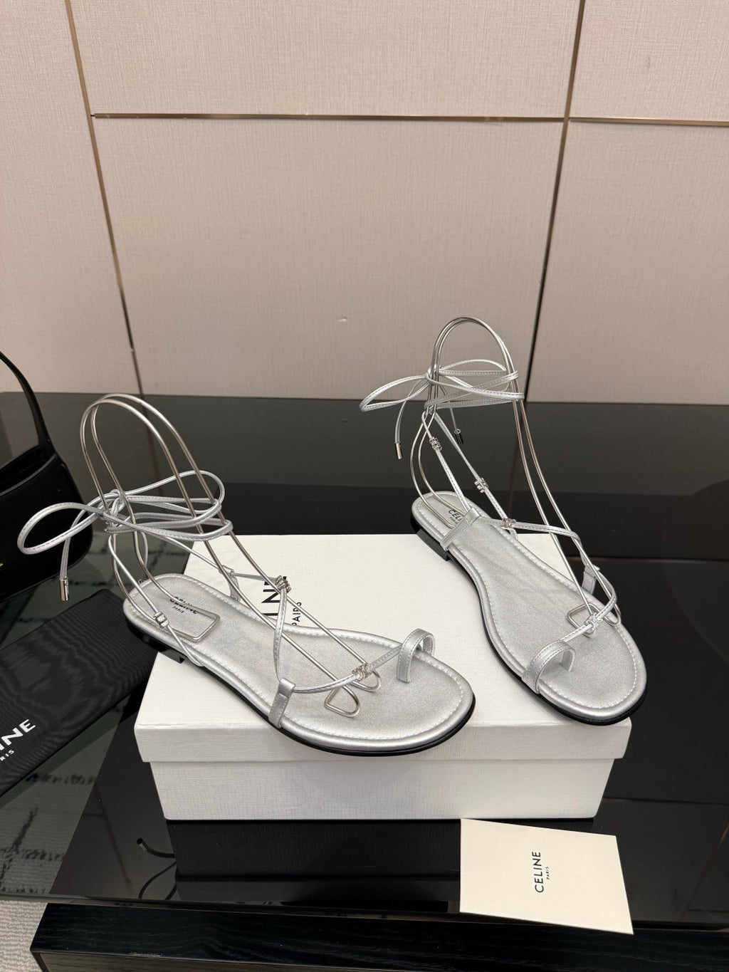 CELINE 26S TRIOMPHE LACE UP FLAT SANDALS IN SILVER CALFSKIN
