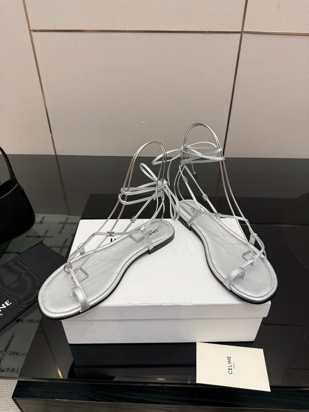 CELINE 26S TRIOMPHE LACE UP FLAT SANDALS IN SILVER CALFSKIN