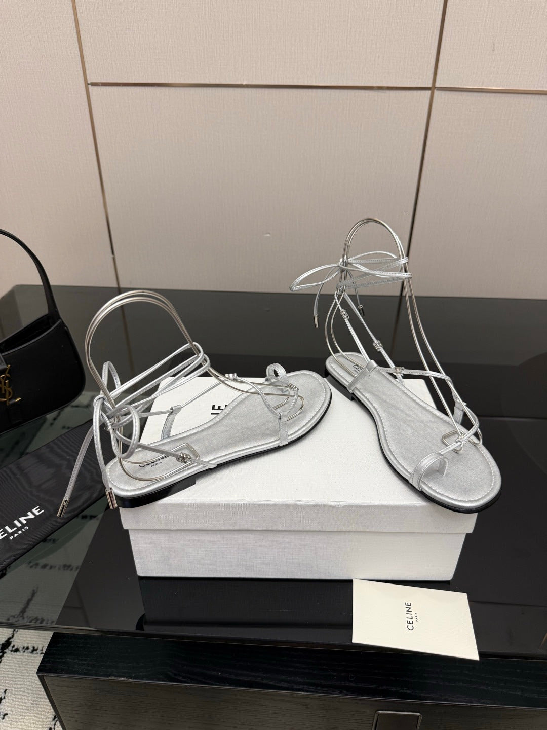 CELINE 26S TRIOMPHE LACE UP FLAT SANDALS IN SILVER CALFSKIN