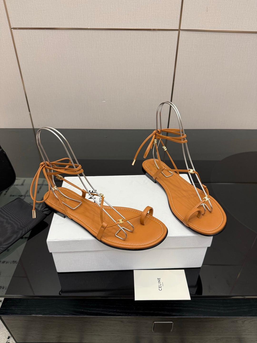 CELINE 26S TRIOMPHE LACE UP FLAT SANDALS IN TAN BROWN CALFSKIN