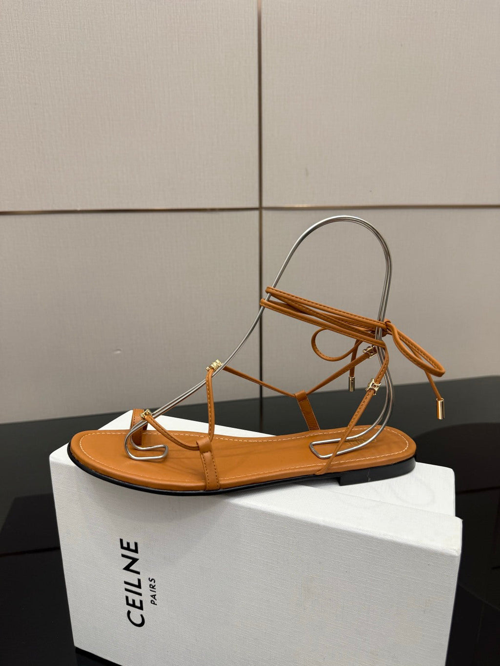 CELINE 26S TRIOMPHE LACE UP FLAT SANDALS IN TAN BROWN CALFSKIN