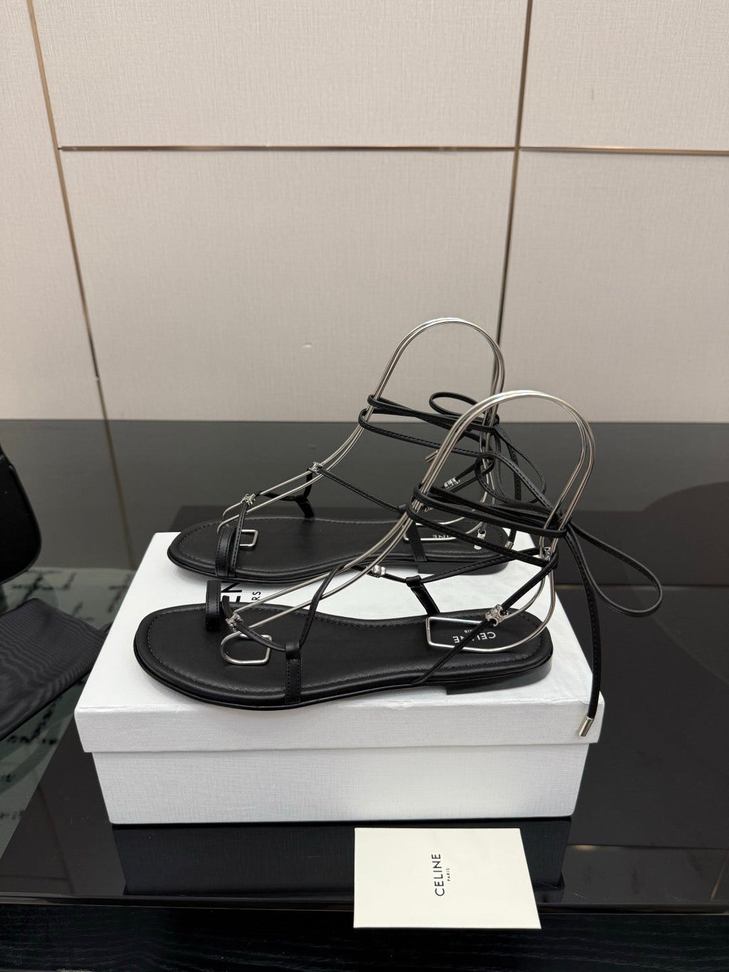 CELINE 26S TRIOMPHE LACE UP FLAT SANDALS IN BLACK CALFSKIN