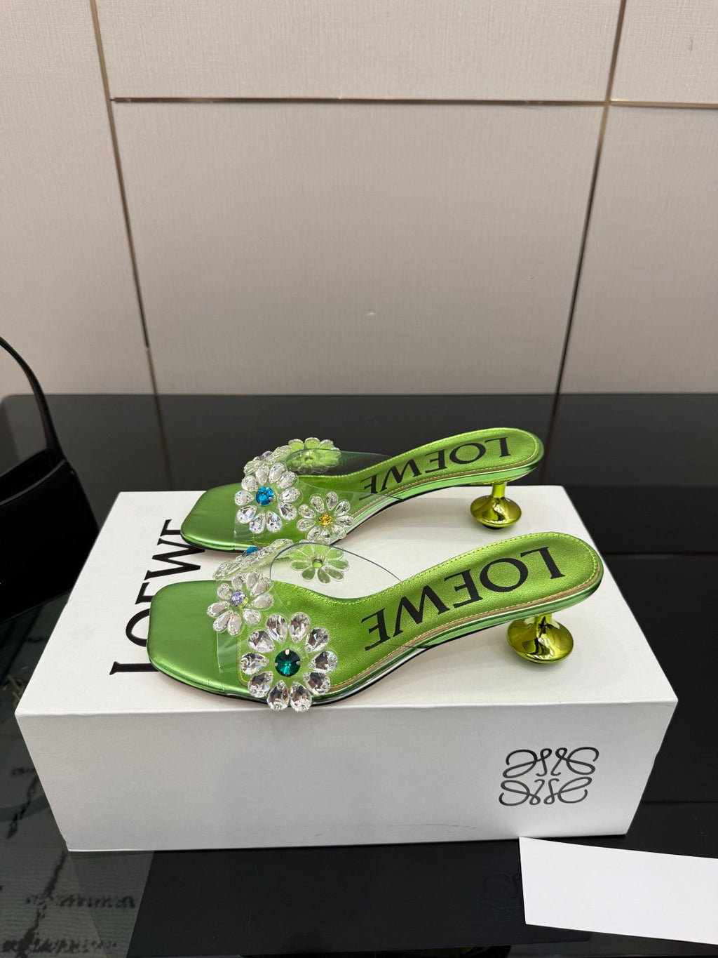 LOEWE 26S MULE HEELS 45MM IN GREEN PVC WITH CRYSTAL FLORAL