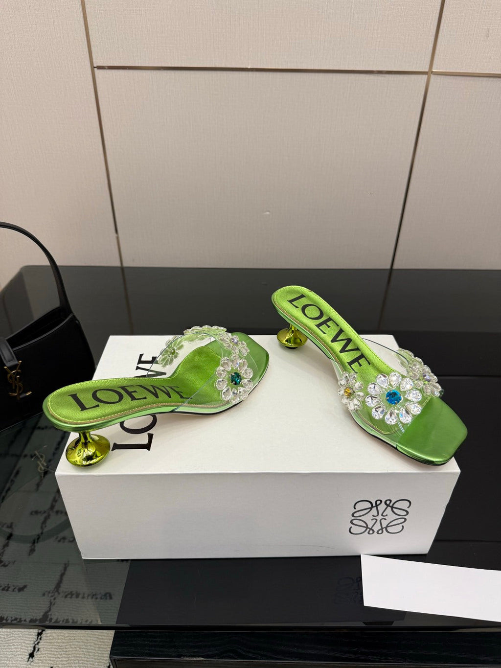 LOEWE 26S MULE HEELS 45MM IN GREEN PVC WITH CRYSTAL FLORAL