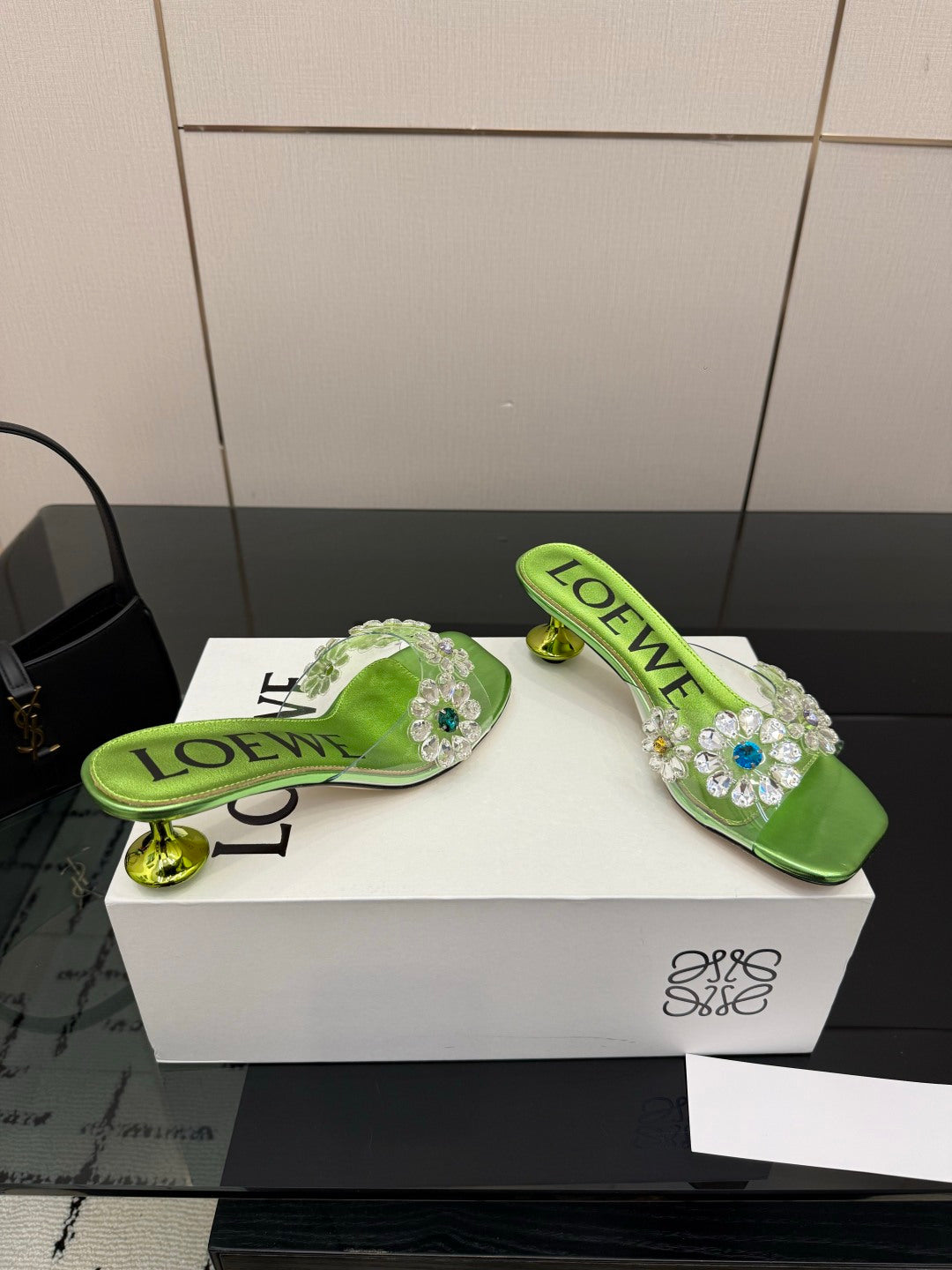 LOEWE 26S MULE HEELS 45MM IN GREEN PVC WITH CRYSTAL FLORAL