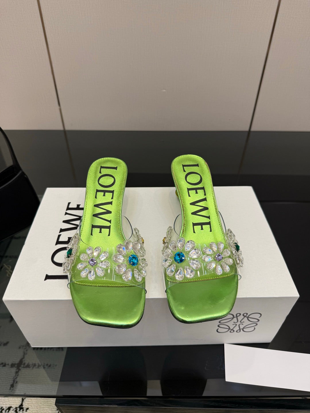 LOEWE 26S MULE HEELS 45MM IN GREEN PVC WITH CRYSTAL FLORAL
