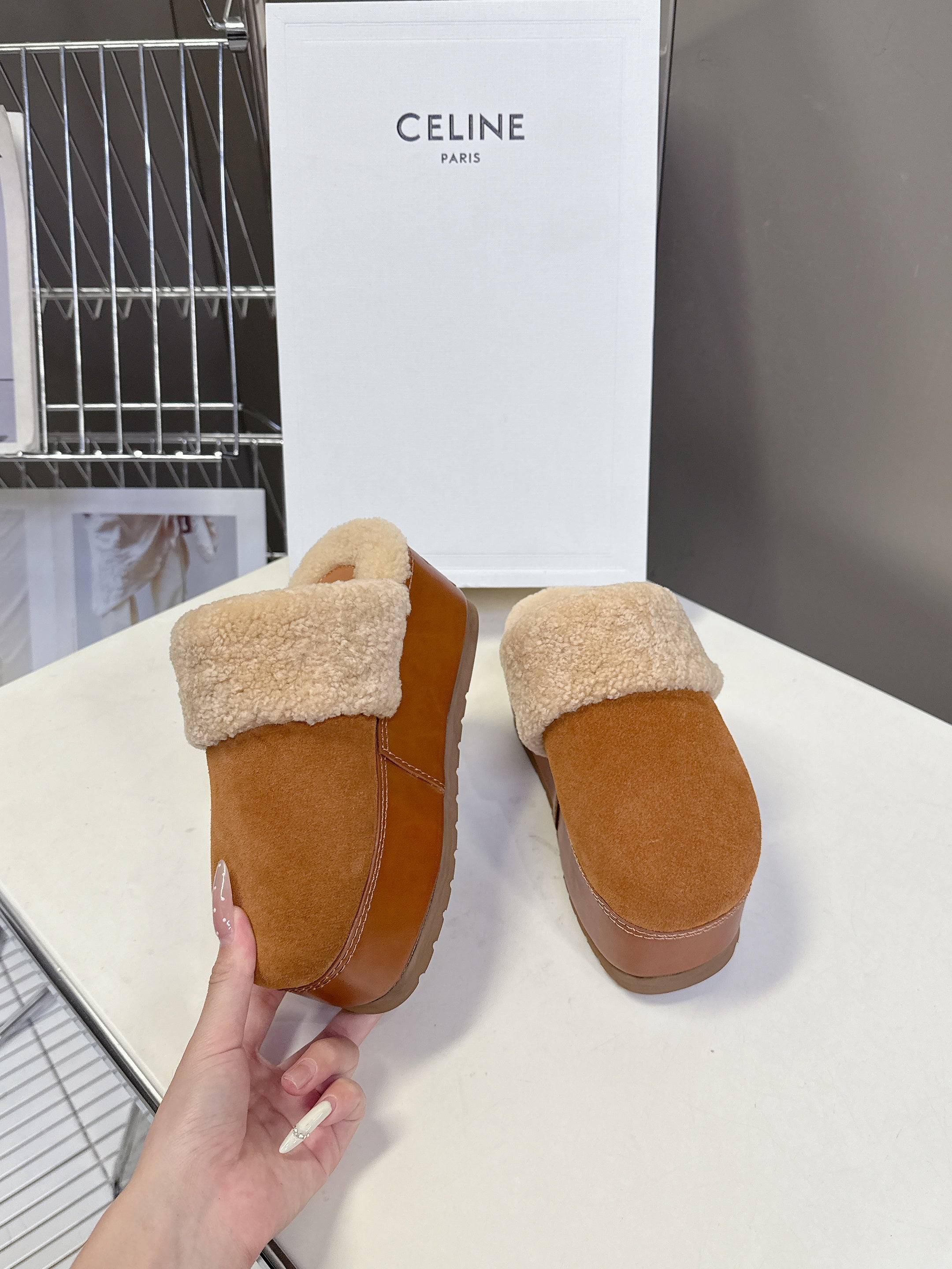 CELINE 26S WEDGE MULES IN ORANGE BROWN SUEDE AND BEIGE WOOL