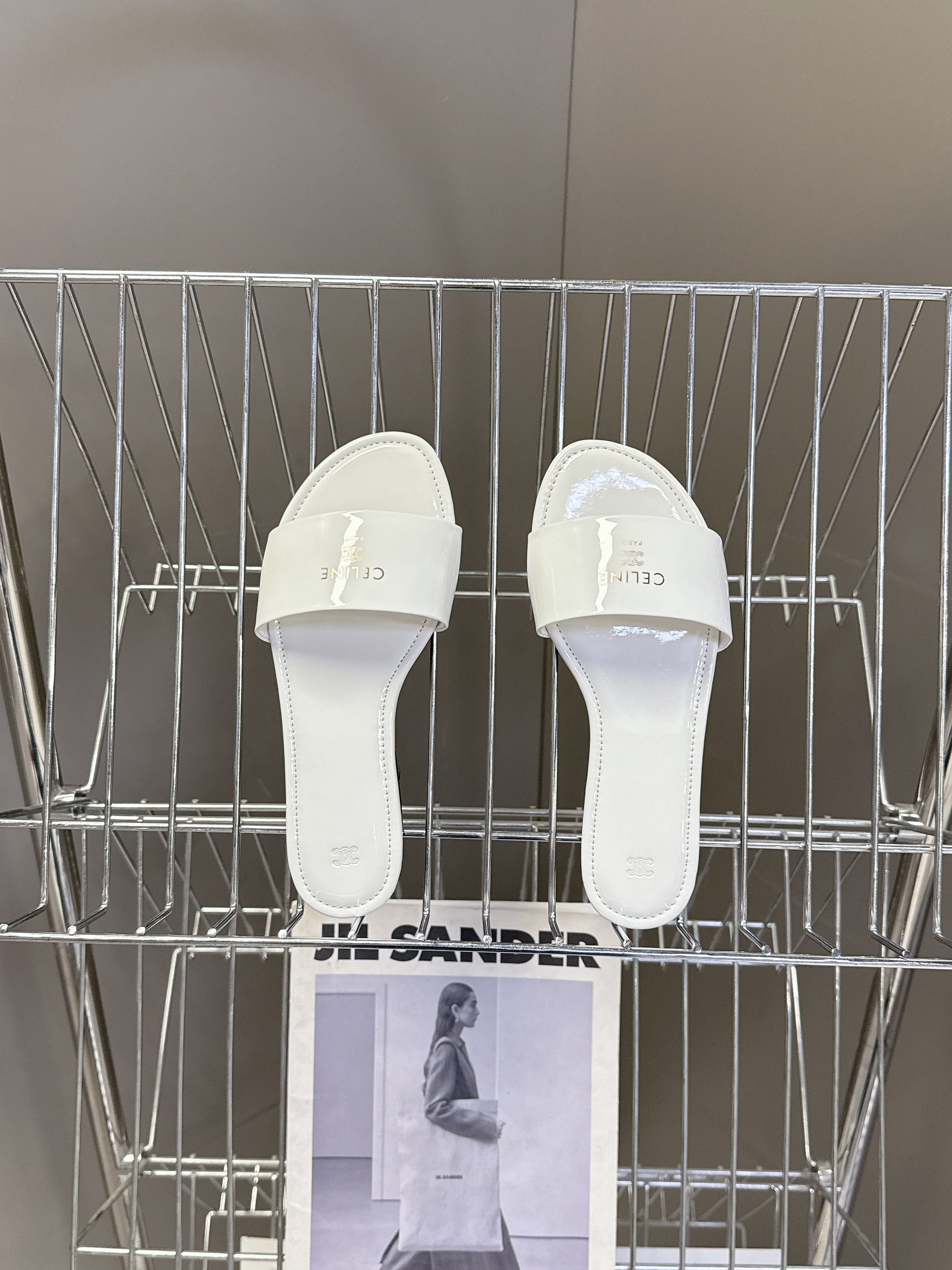 CELINE 26S FLAT SLIDES IN WHITE PATENT LAMBSKIN