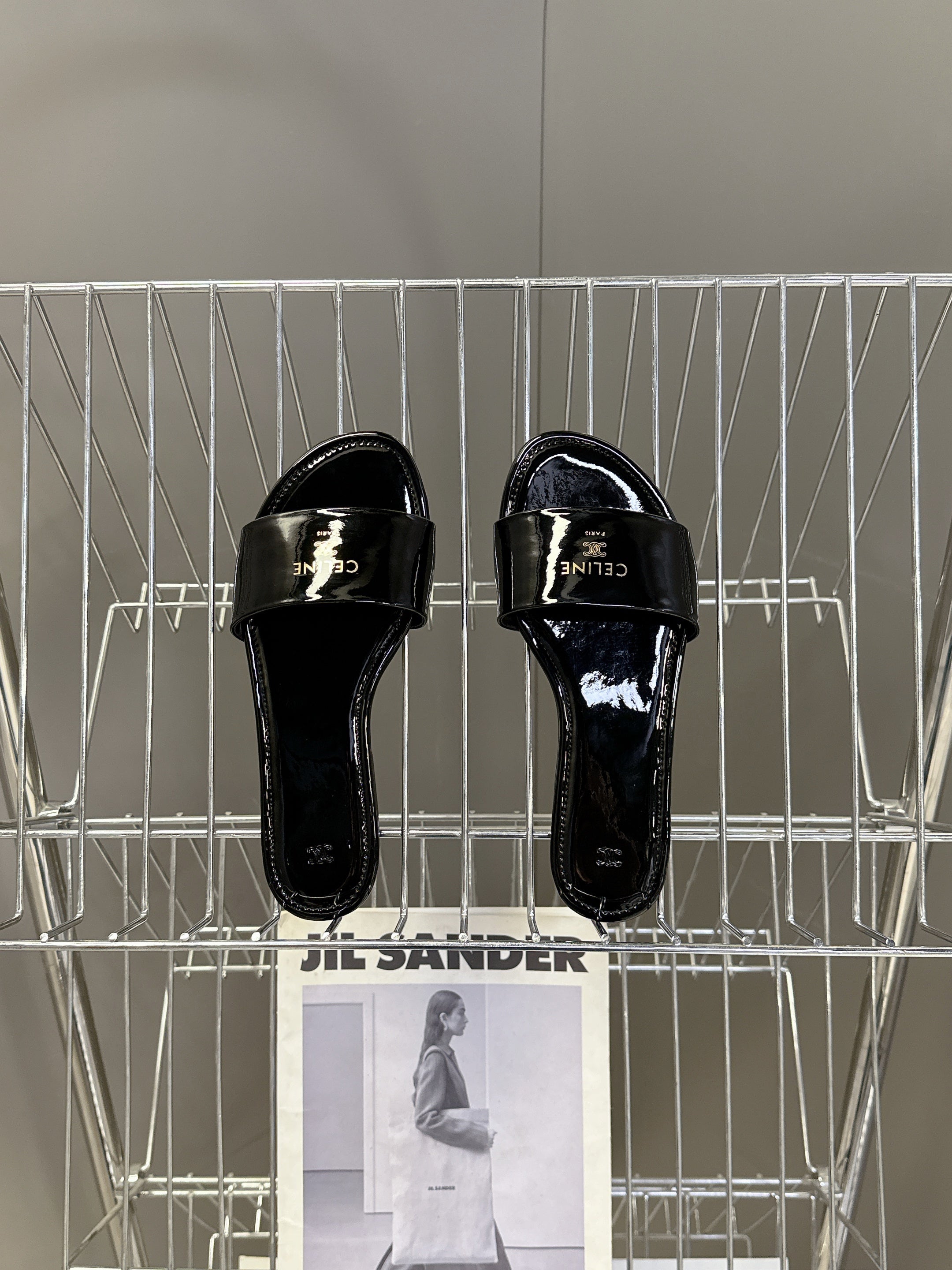 CELINE 26S FLAT SLIDES IN BLACK PATENT LAMBSKIN