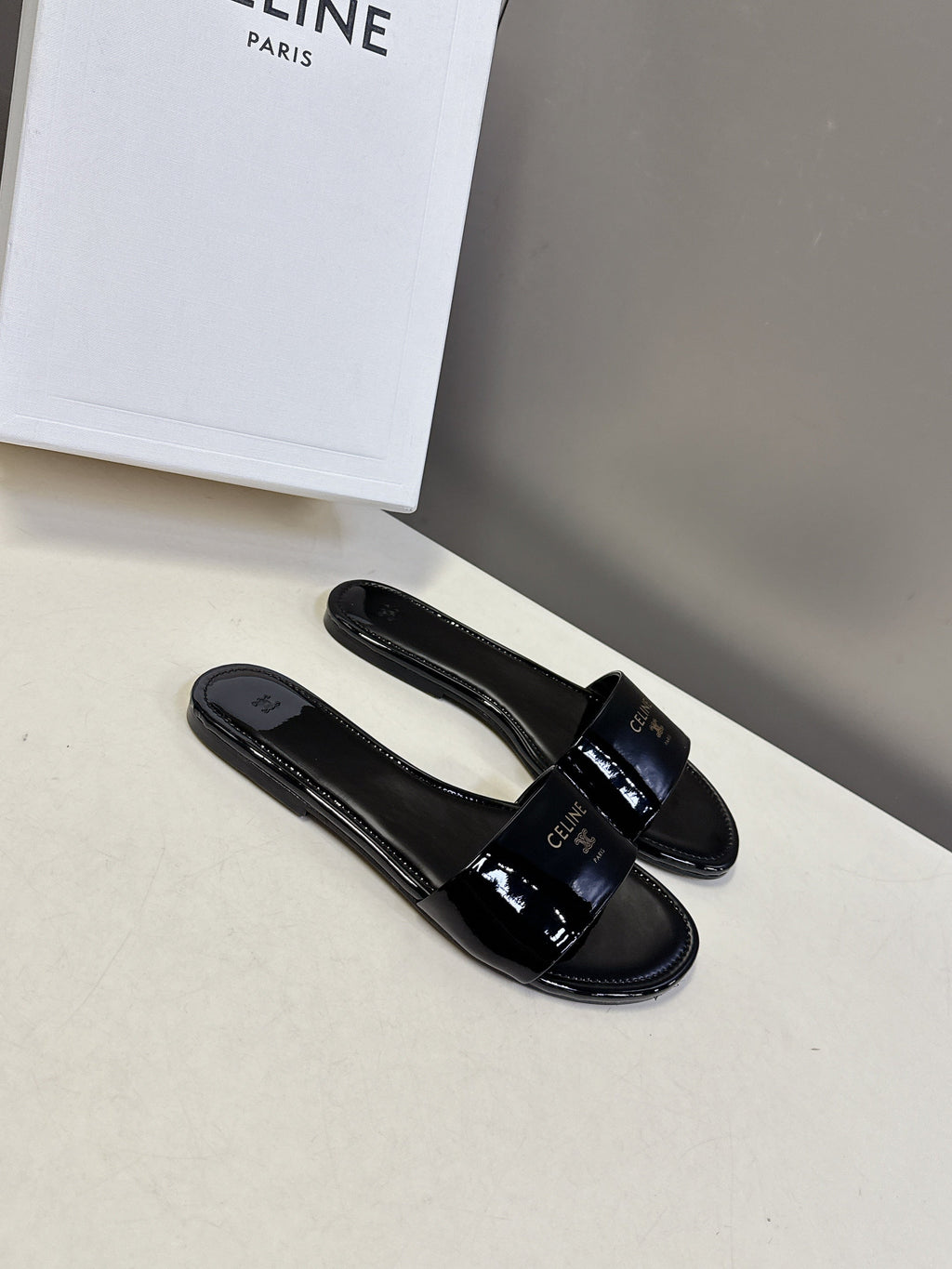 CELINE 26S FLAT SLIDES IN BLACK PATENT LAMBSKIN