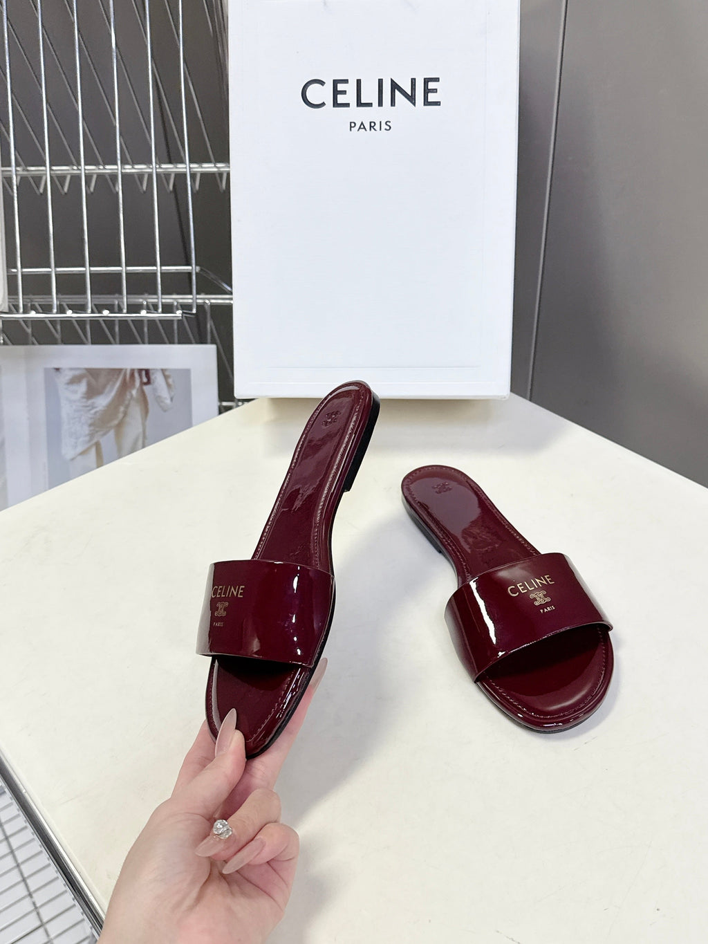 CELINE 26S FLAT SLIDES IN BURGUNDY RED PATENT LAMBSKIN