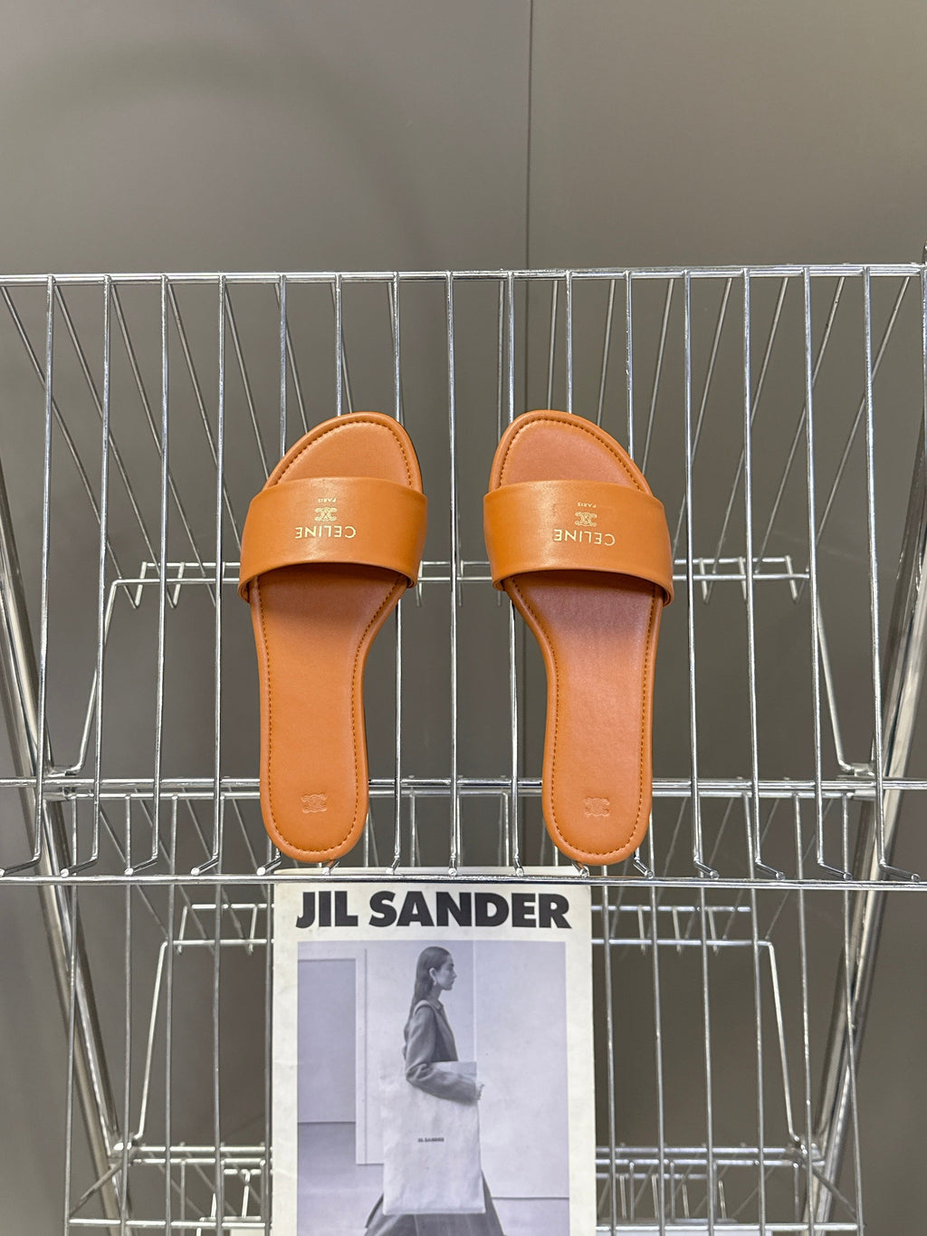 CELINE 26S FLAT SLIDES IN TAN BROWN LAMBSKIN