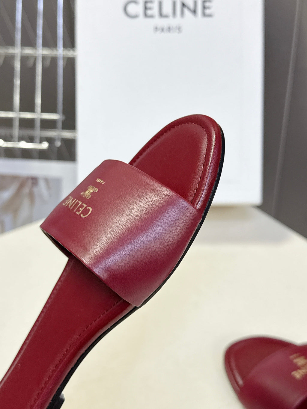 CELINE 26S FLAT SLIDES IN BURGUNDY RED LAMBSKIN