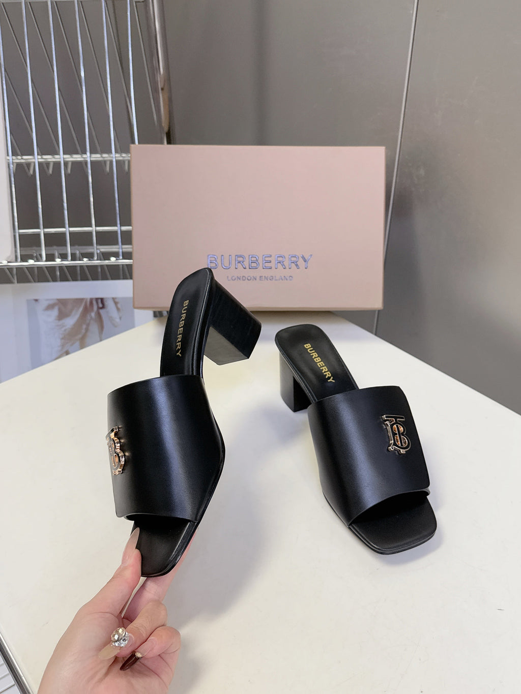 BURBERRY 26S HIGH HEEL MULE SANDALS 60MM IN BLACK CALFSKIN