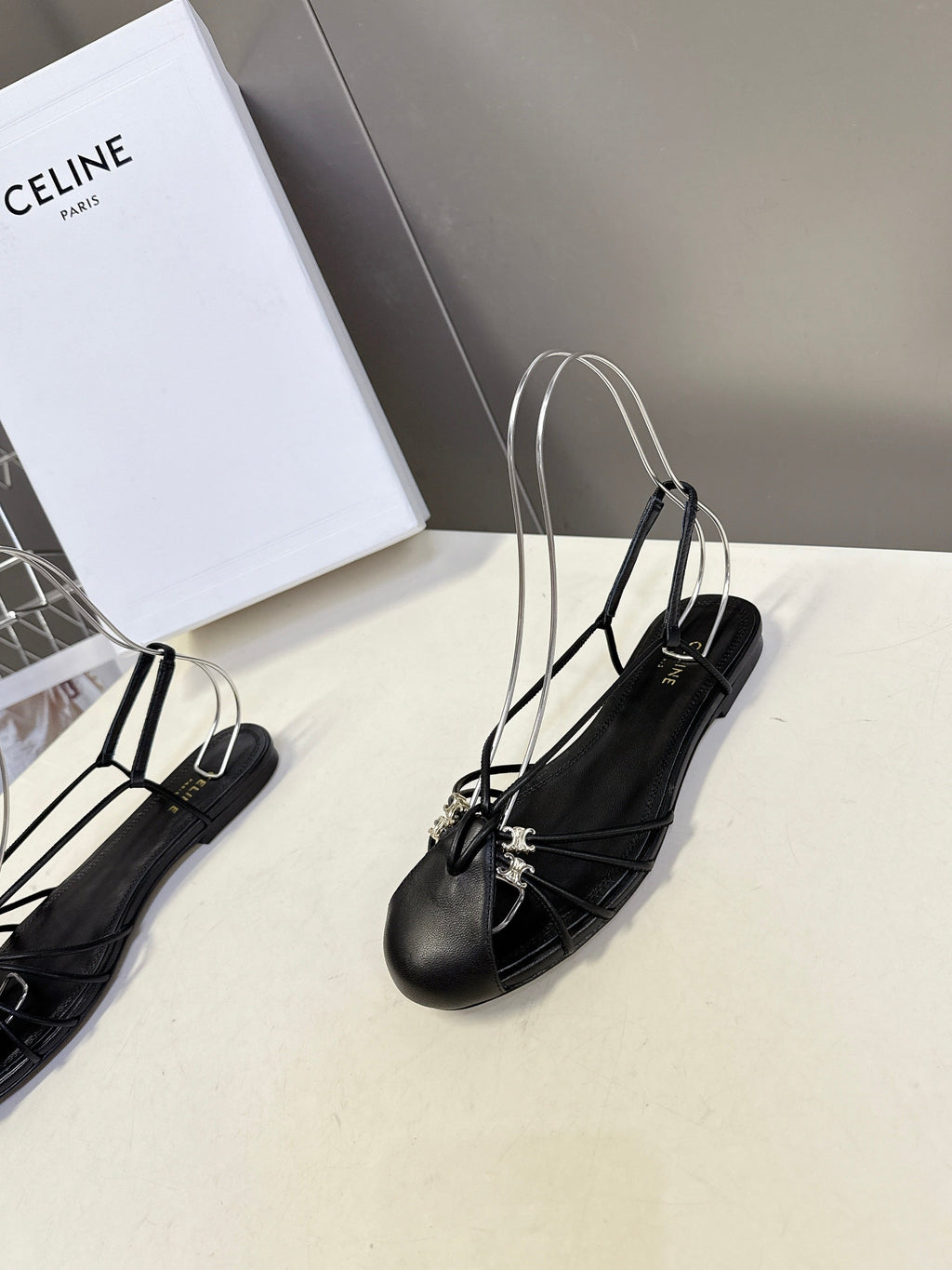 CELINE 26S TRIOMPHE LACE UP ANKLE STRAP FLAT SANDALS IN BLACK CALFSKIN
