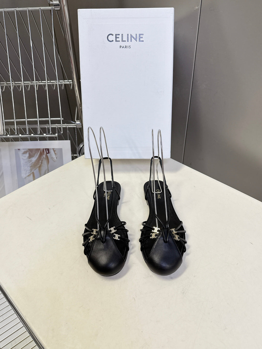 CELINE 26S TRIOMPHE LACE UP ANKLE STRAP FLAT SANDALS IN BLACK CALFSKIN