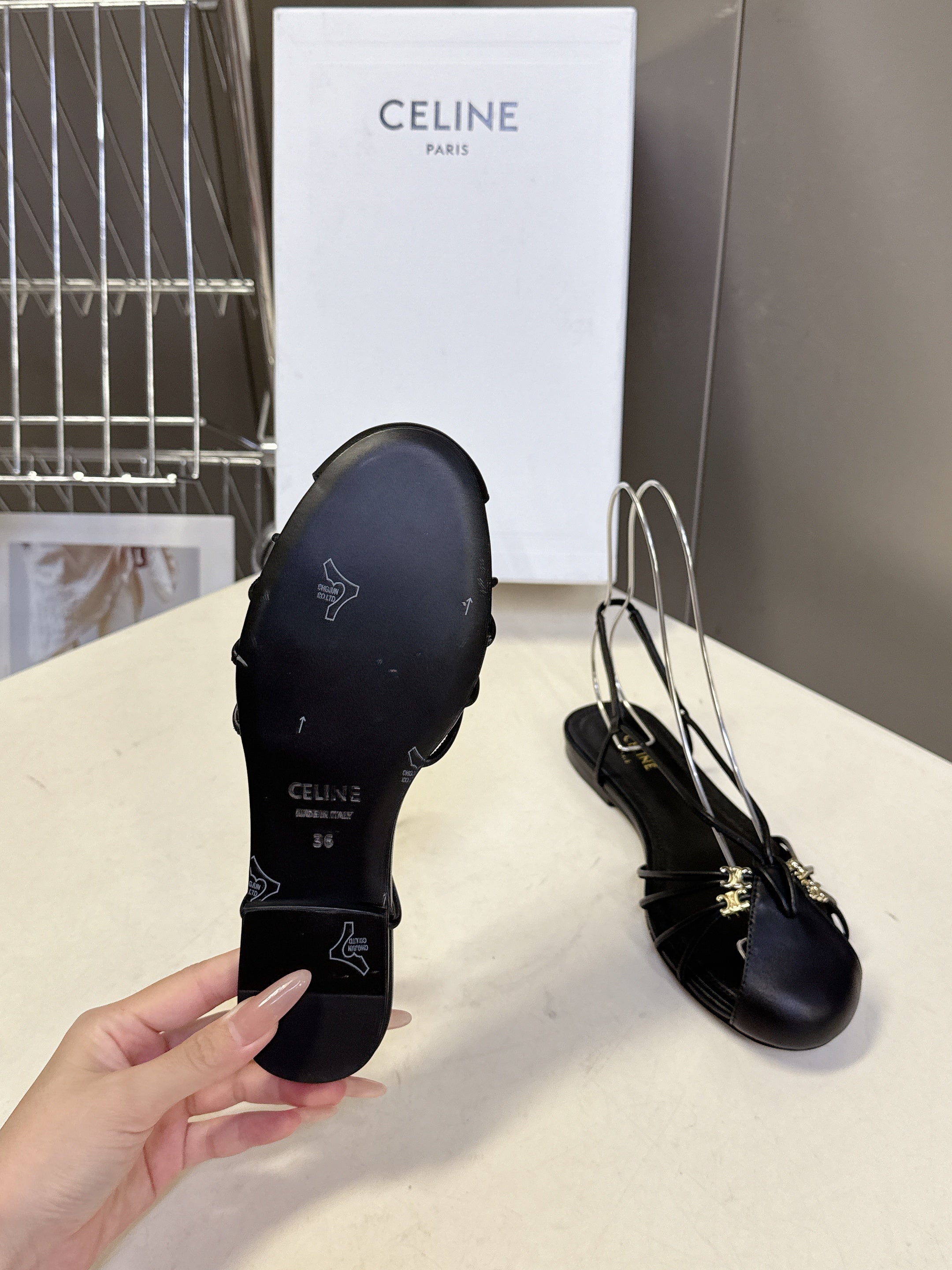 CELINE 26S TRIOMPHE LACE UP ANKLE STRAP FLAT SANDALS IN BLACK CALFSKIN