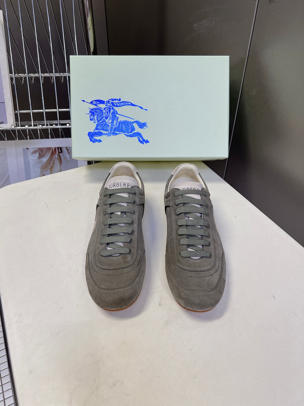 BURBERRY 26S LOW TOP SNEAKERS IN ASH GREY SUEDE