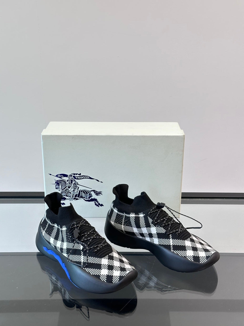 BURBERRY 26S CHECK KNIT SOCK SNEAKERS IN BLACK AND WHITE FABRIC