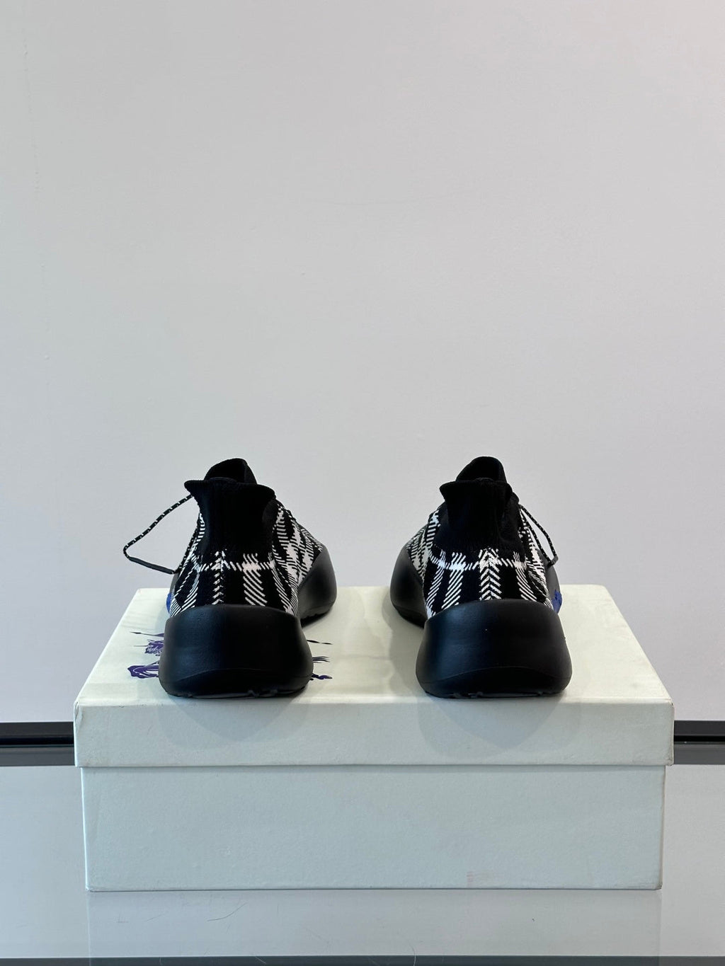 BURBERRY 26S CHECK KNIT SOCK SNEAKERS IN BLACK AND WHITE FABRIC