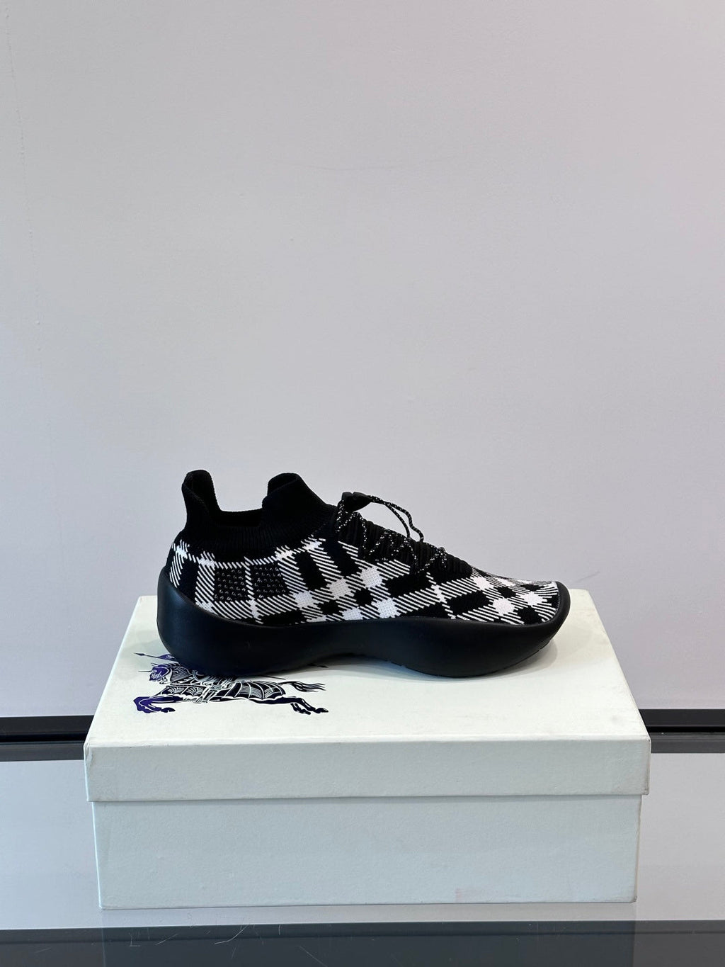 BURBERRY 26S CHECK KNIT SOCK SNEAKERS IN BLACK AND WHITE FABRIC