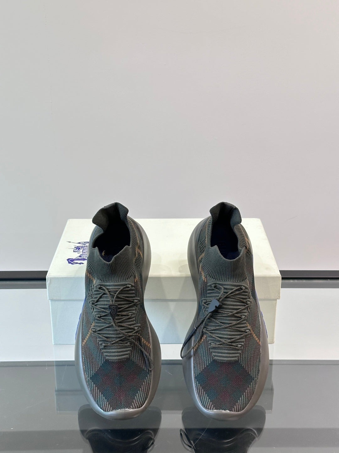 BURBERRY 26S CHECK KNIT SOCK SNEAKERS IN DARK OLIVE GREY FABRIC