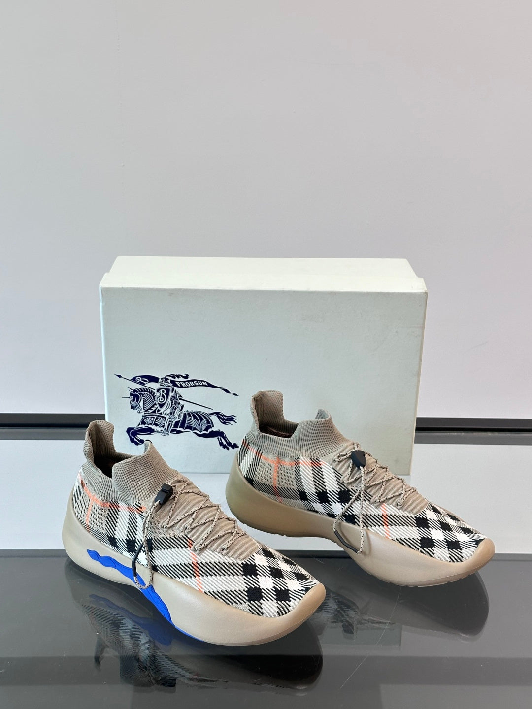 BURBERRY 26S CHECK KNIT SOCK SNEAKERS IN ARCHIVE BEIGE FABRIC