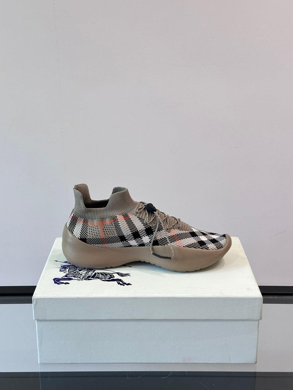 BURBERRY 26S CHECK KNIT SOCK SNEAKERS IN ARCHIVE BEIGE FABRIC