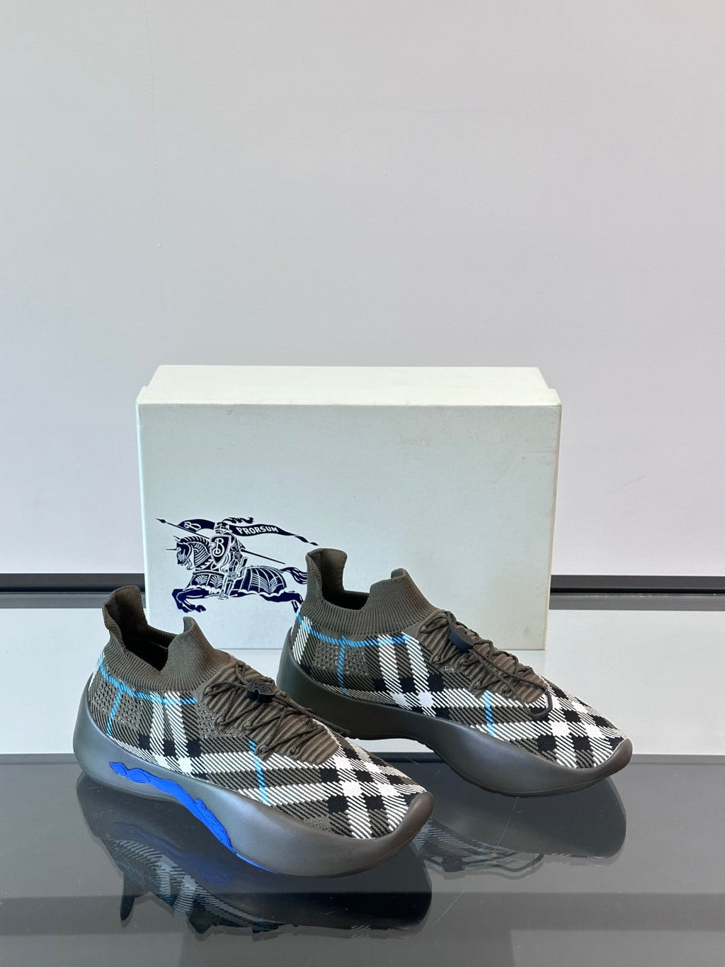BURBERRY 26S CHECK KNIT SOCK SNEAKERS IN OLIVE GREEN FABRIC