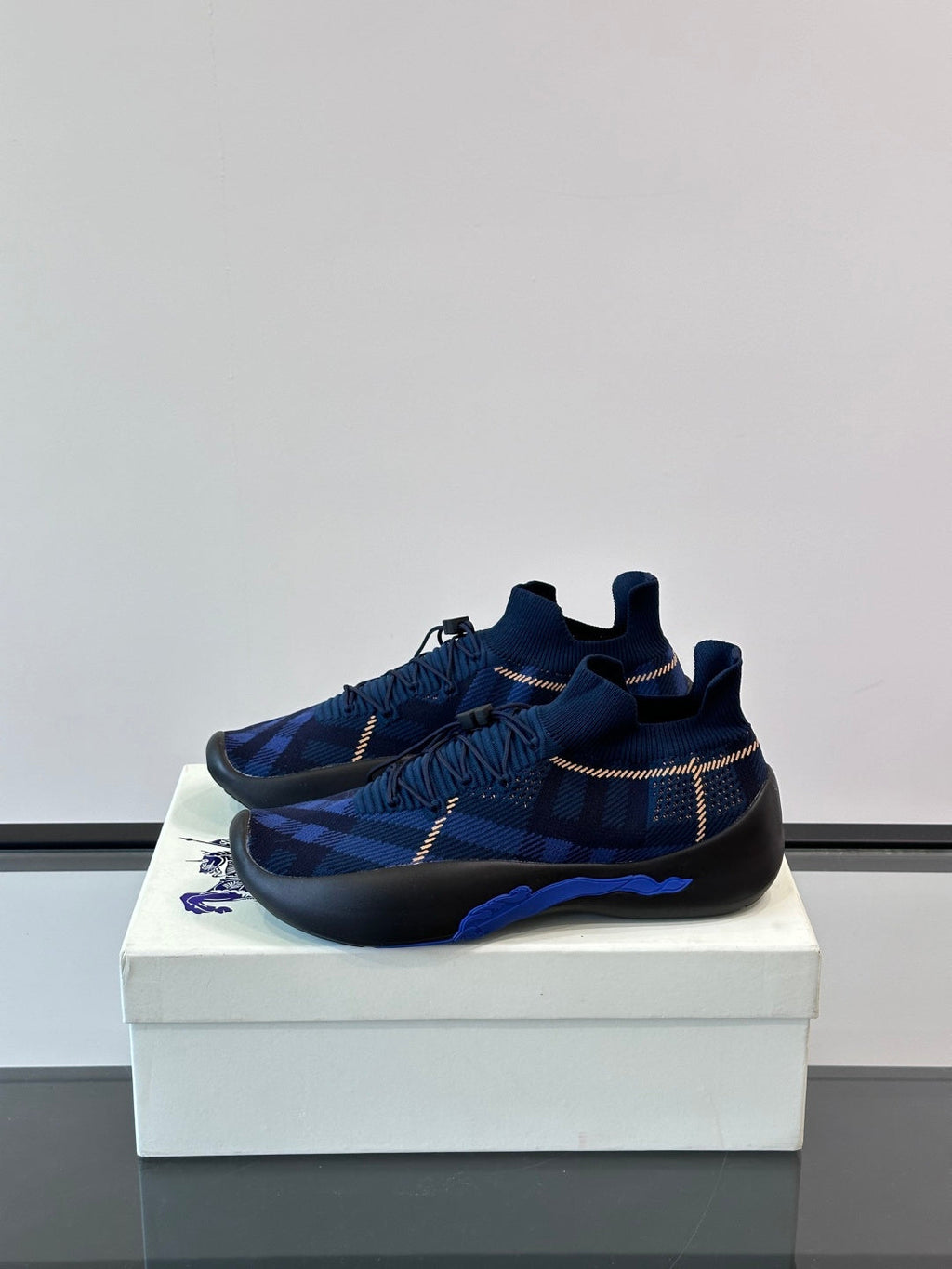 BURBERRY 26S CHECK KNIT SOCK SNEAKERS IN NAVY BLUE FABRIC