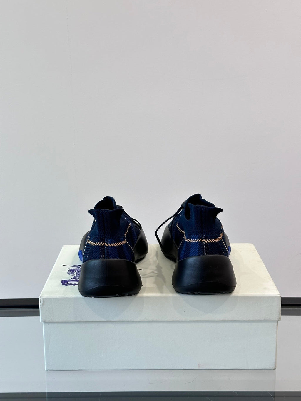 BURBERRY 26S CHECK KNIT SOCK SNEAKERS IN NAVY BLUE FABRIC