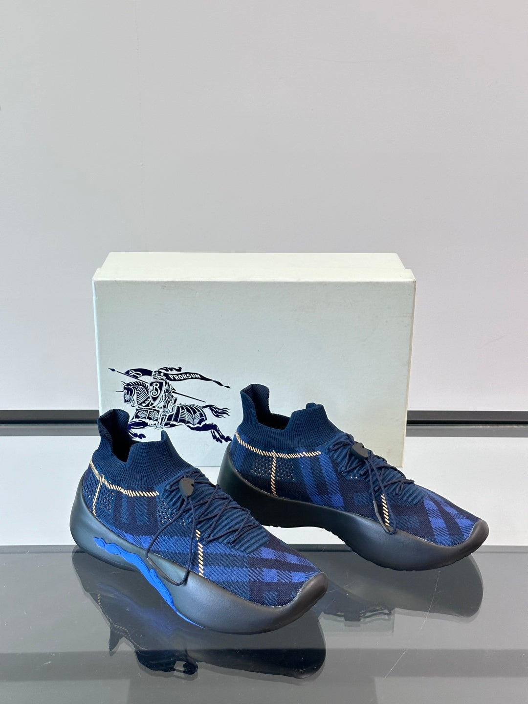 BURBERRY 26S CHECK KNIT SOCK SNEAKERS IN NAVY BLUE FABRIC