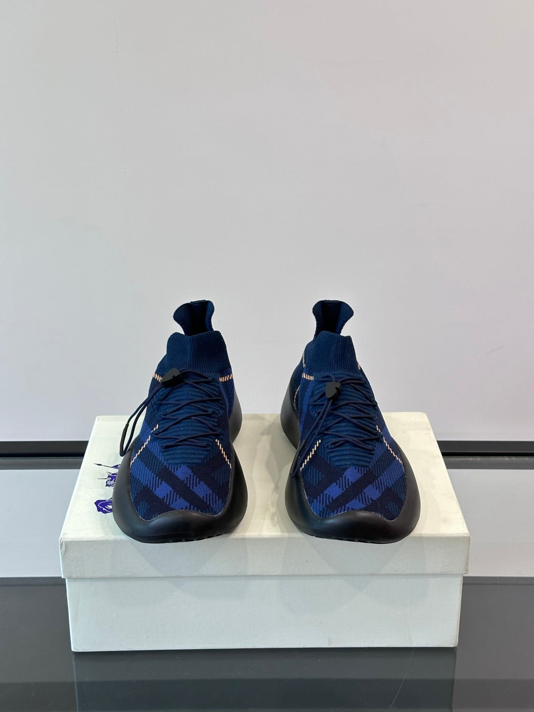 BURBERRY 26S CHECK KNIT SOCK SNEAKERS IN NAVY BLUE FABRIC