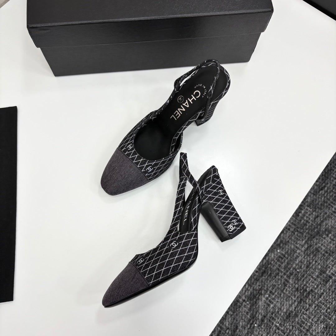 CC SLINGBACK 25S 90 MM IN BLACK DENIM WITH PLAID PATTERN