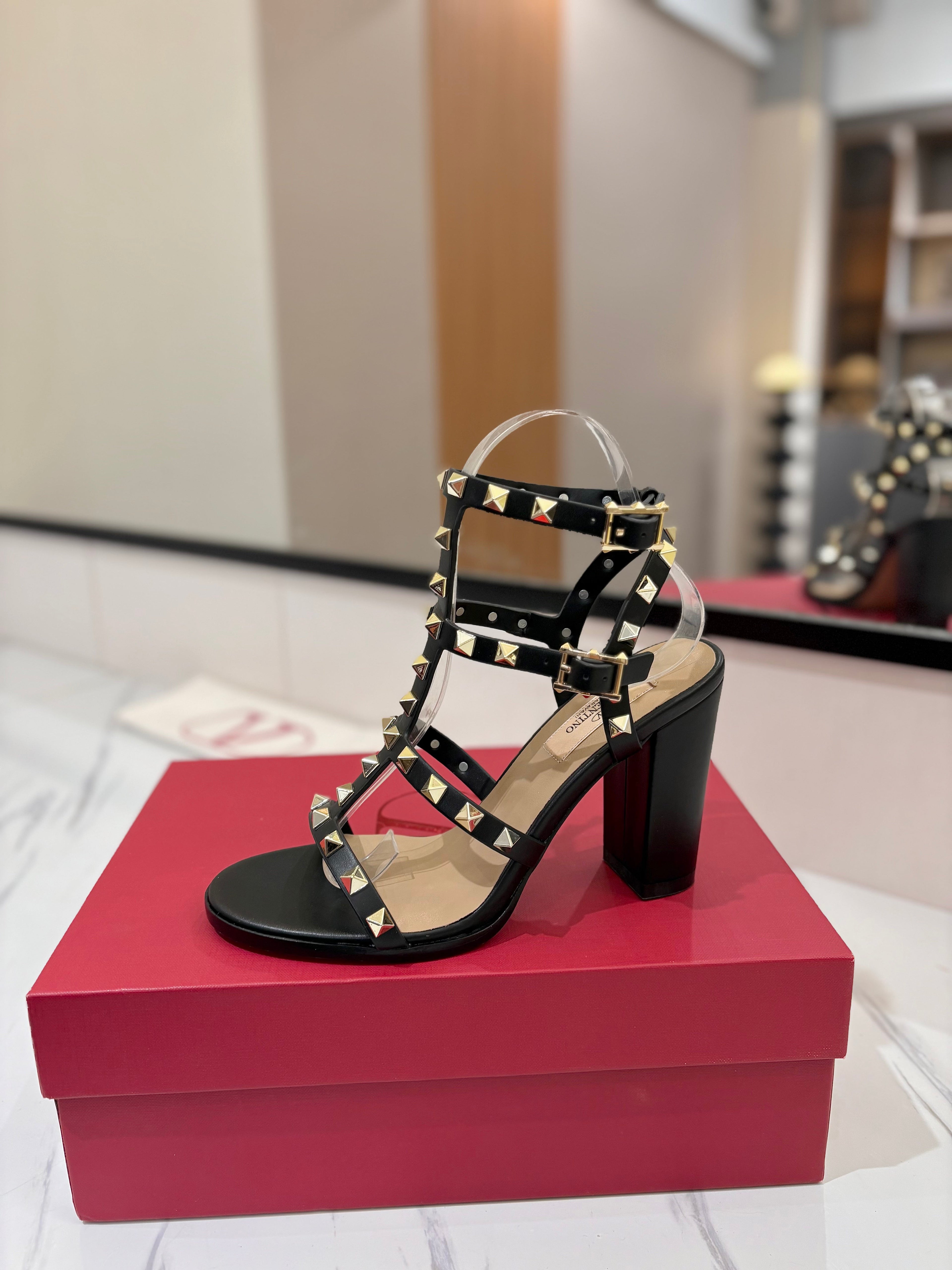 VALENTINO 26S STUDDED HIGH HEEL SANDALS 90 MM IN BLACK CALFSKIN