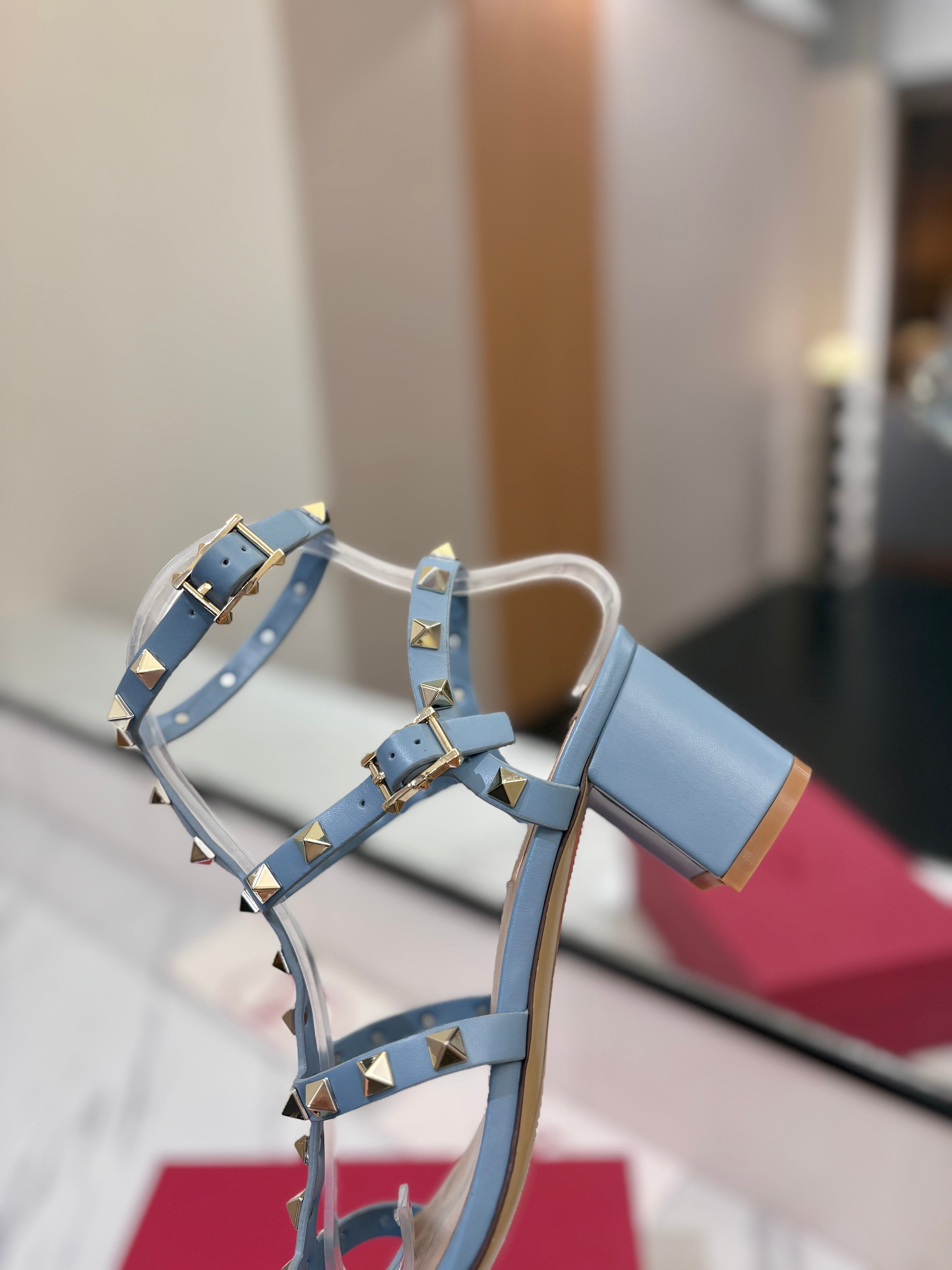 VALENTINO 26S STUDDED HIGH HEEL SANDALS 65 MM IN SKY BLUE CALFSKIN
