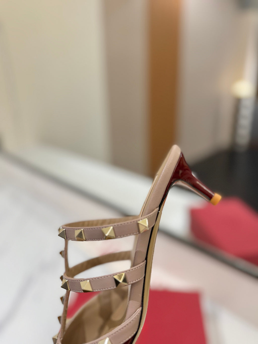 VALENTINO 26S STUDDED HEELED MULES 50 MM IN DARK RED PATENT CALFSKIN