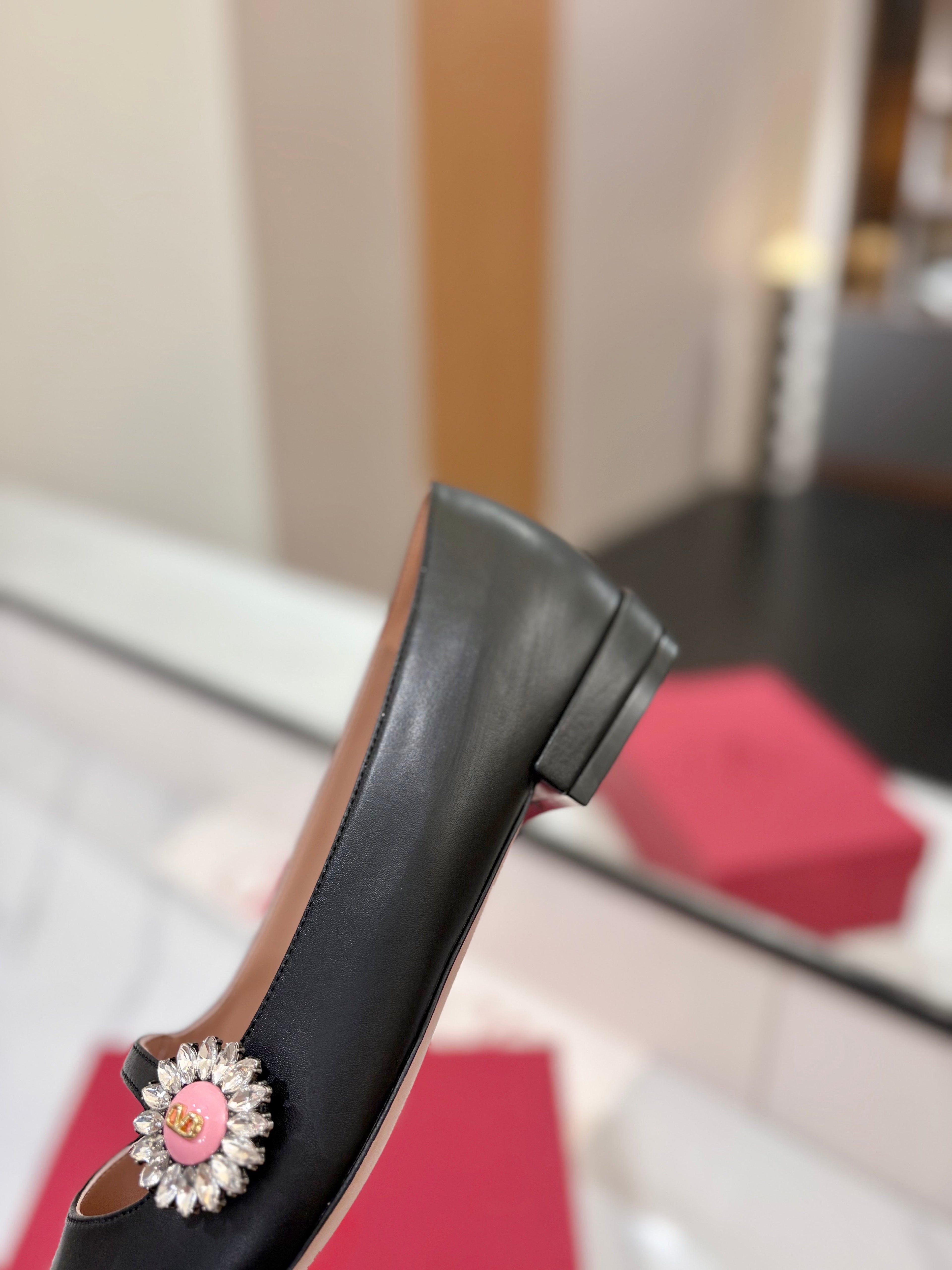 VALENTINO 26S MARY JANE FLATS IN BLACK CALFSKIN WITH CRYSTAL FLOWER