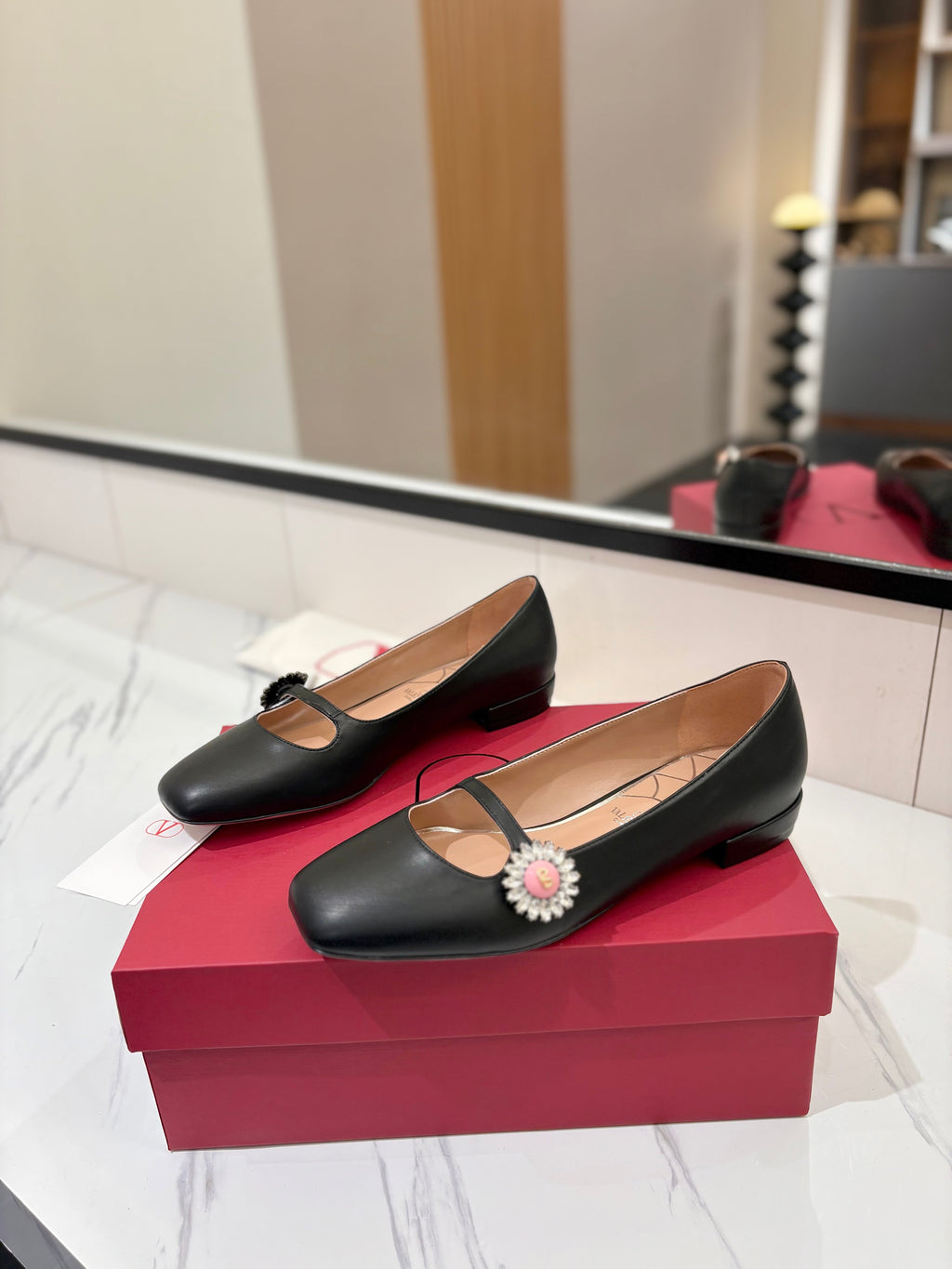 VALENTINO 26S MARY JANE FLATS IN BLACK CALFSKIN WITH CRYSTAL FLOWER