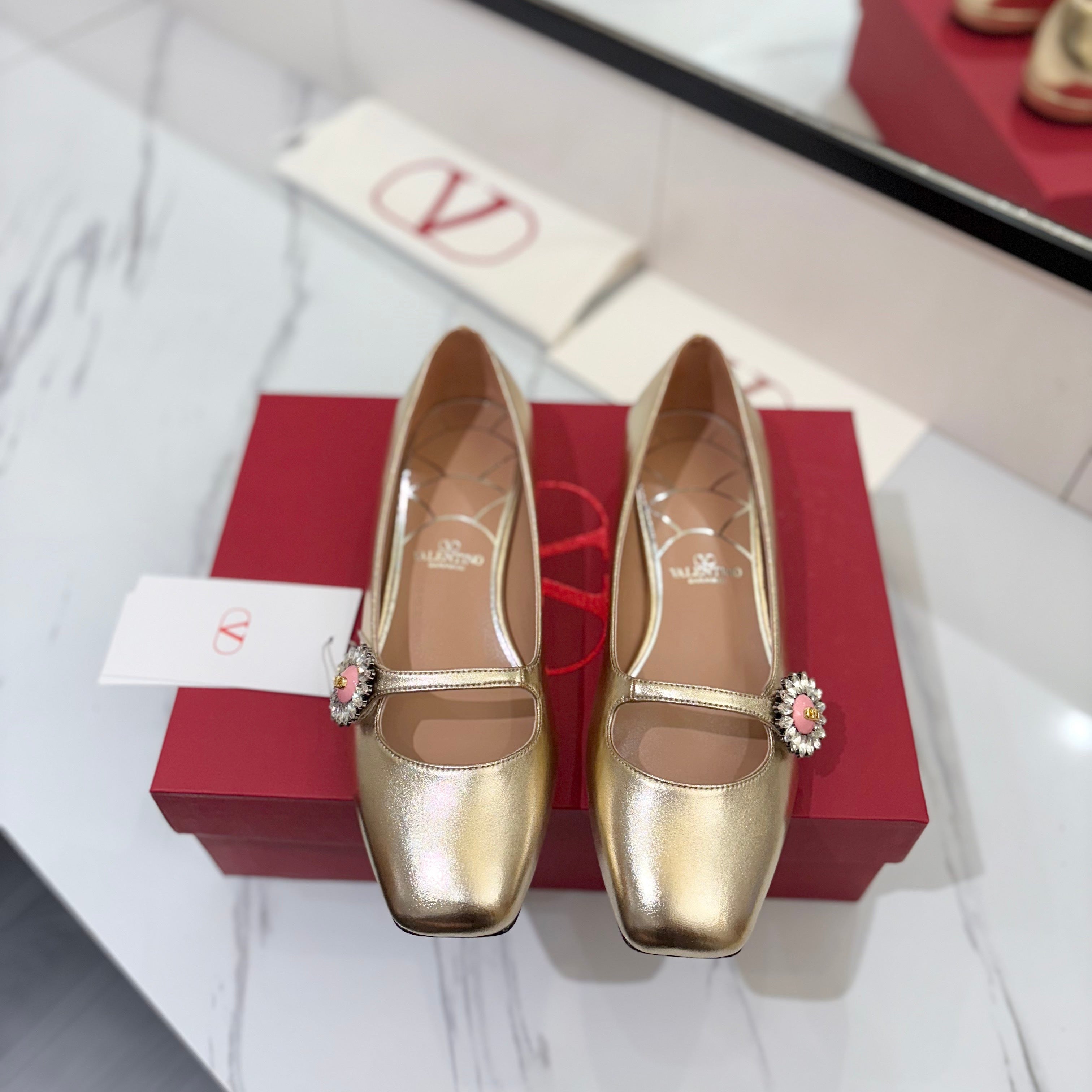 VALENTINO 26S MARY JANE FLATS IN METALLIC GOLD CALFSKIN WITH CRYSTAL FLOWER