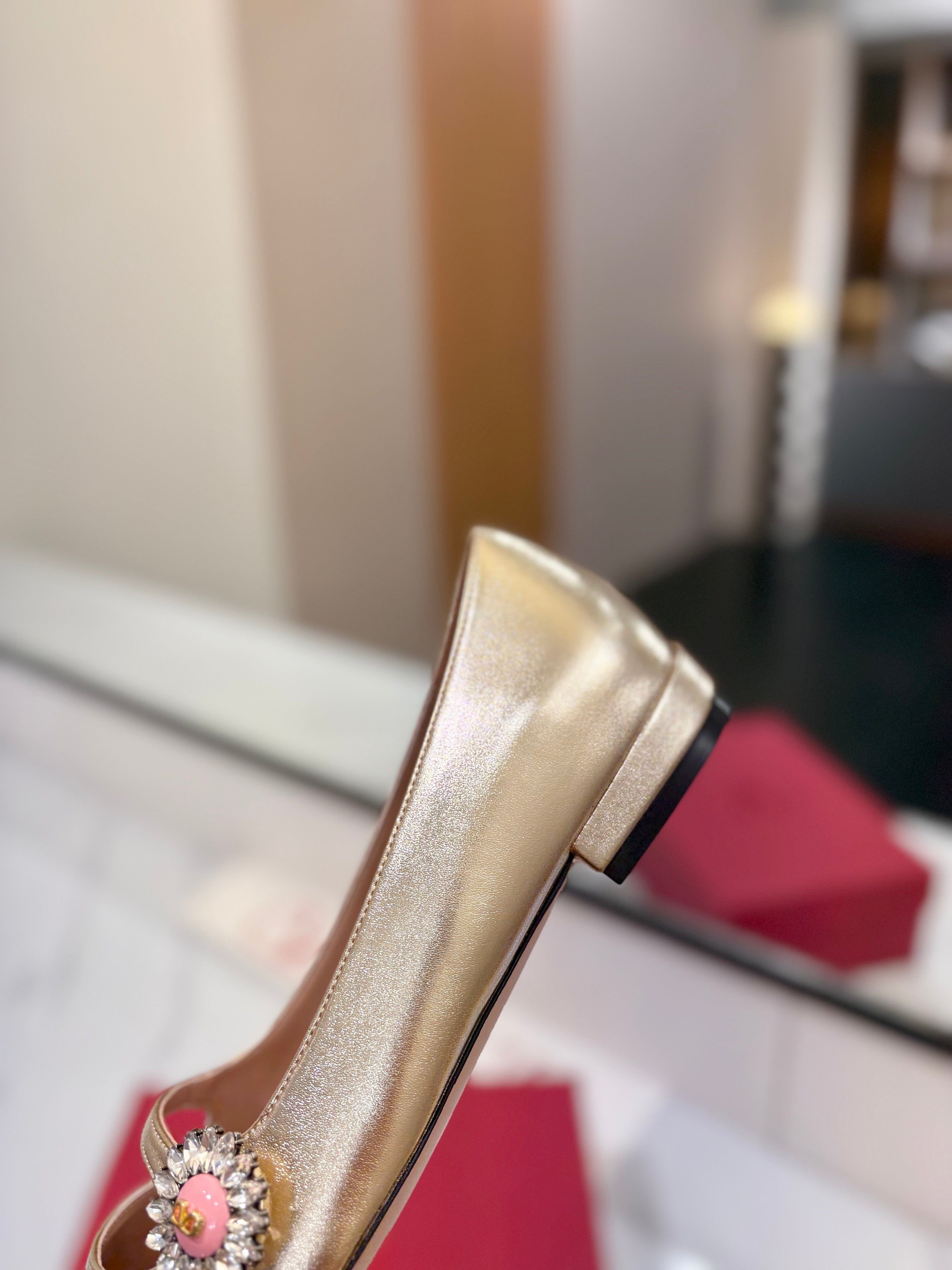 VALENTINO 26S MARY JANE FLATS IN METALLIC GOLD CALFSKIN WITH CRYSTAL FLOWER