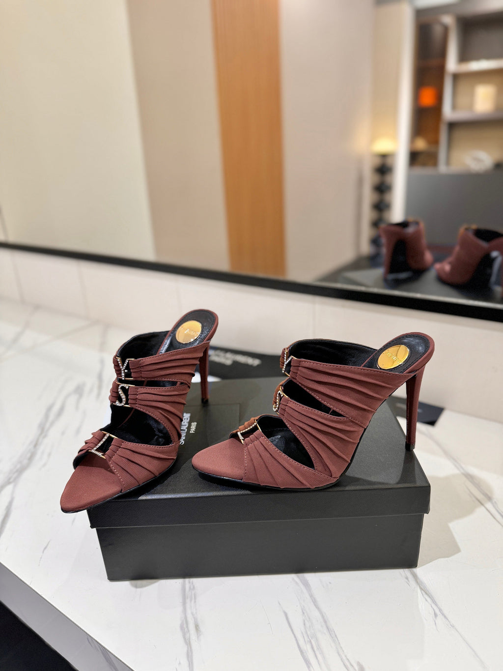 YSL 26S HEELED SANDALS 100 MM IN DARK BROWN FABRIC