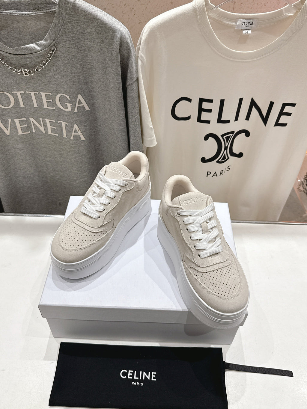 BLOCK SNEAKERS WITH EMBROIDERED TRIOMPHE IN PARCHMENT BEIGE SUEDE