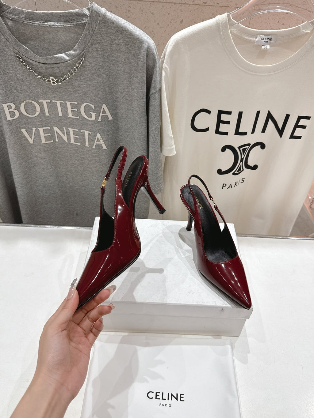 JUDY TRIOMPHE STILETTO SLINGBACK 75MM IN BURGUNDY RED PATENT CALFSKIN