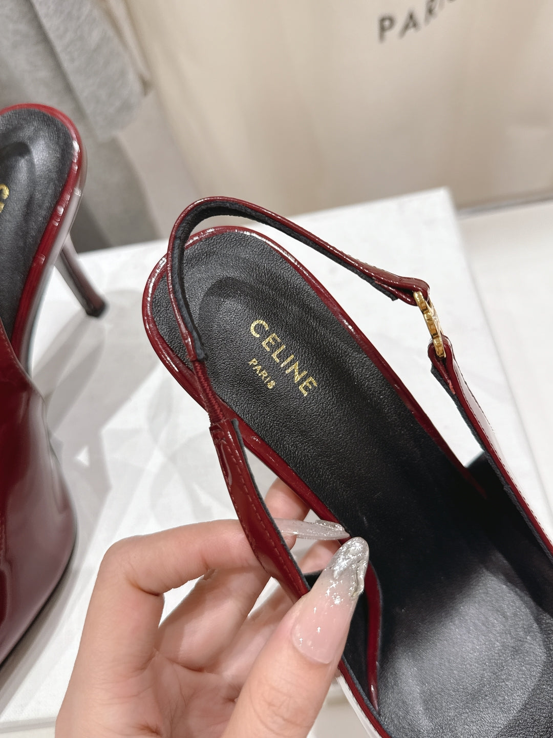 JUDY TRIOMPHE STILETTO SLINGBACK 75MM IN BURGUNDY RED PATENT CALFSKIN