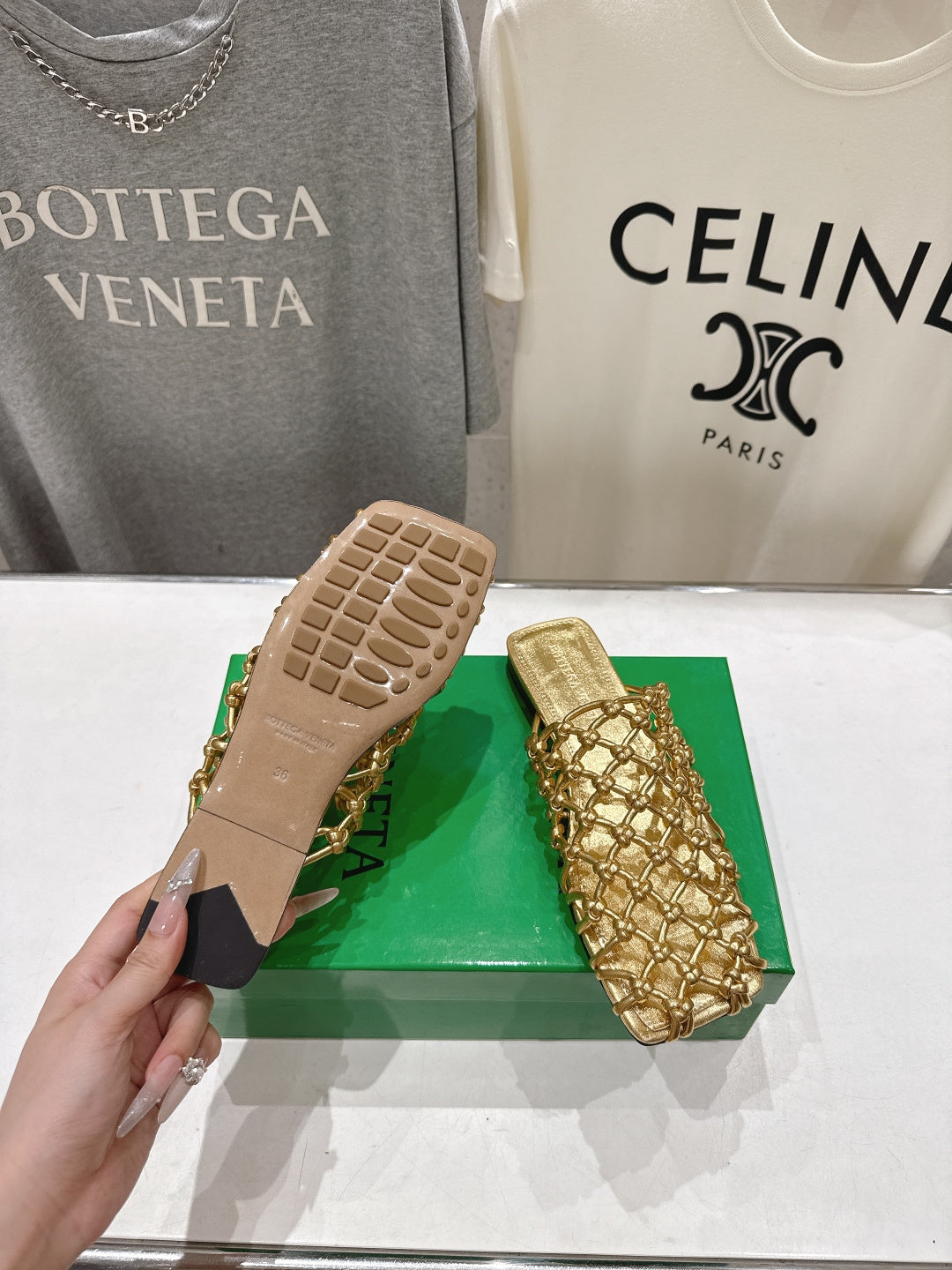 BOTTEGA VENETA 26S WOVEN MULES IN GOLD LAMBSKIN